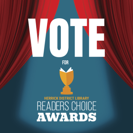 "VOTE - Herrick District Library Readers Choice Awards, words on screen set against a background of a red velvet theater curtain and a blue backdrop