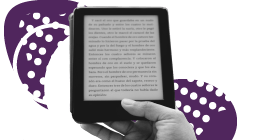 Black and white photo of a hand holding a Kindle with an eBook showing, set against white and purple circular art illustrations