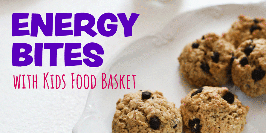 "Energy Bites with Kids Food Basket" against a photo of energy bite balls on a plate