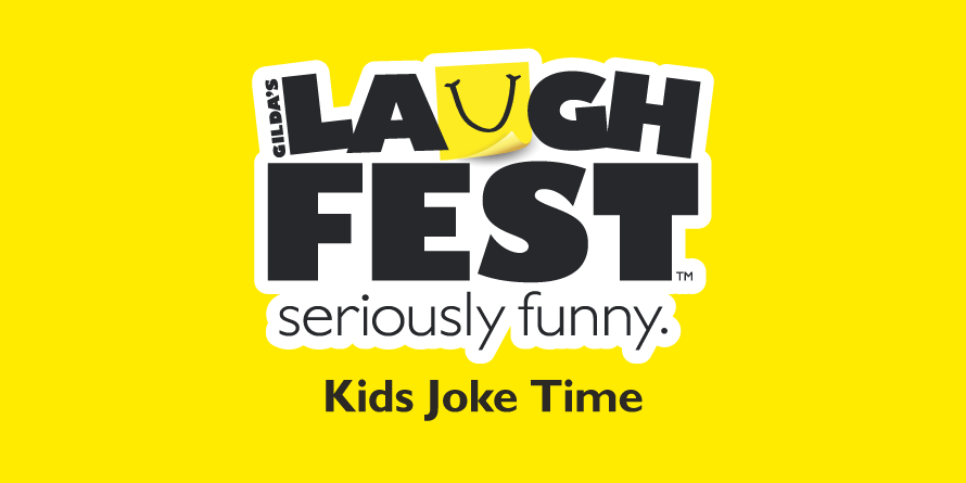 "LaughFest: Seriously Funny. Kids Joke Time" with the LaughFest logo against a yellow background