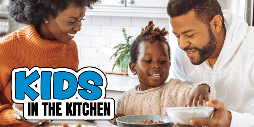 "Kids in the Kitchen" words over a photo of an African American family where a man and a woman are helping a boy make food in the kitchen.