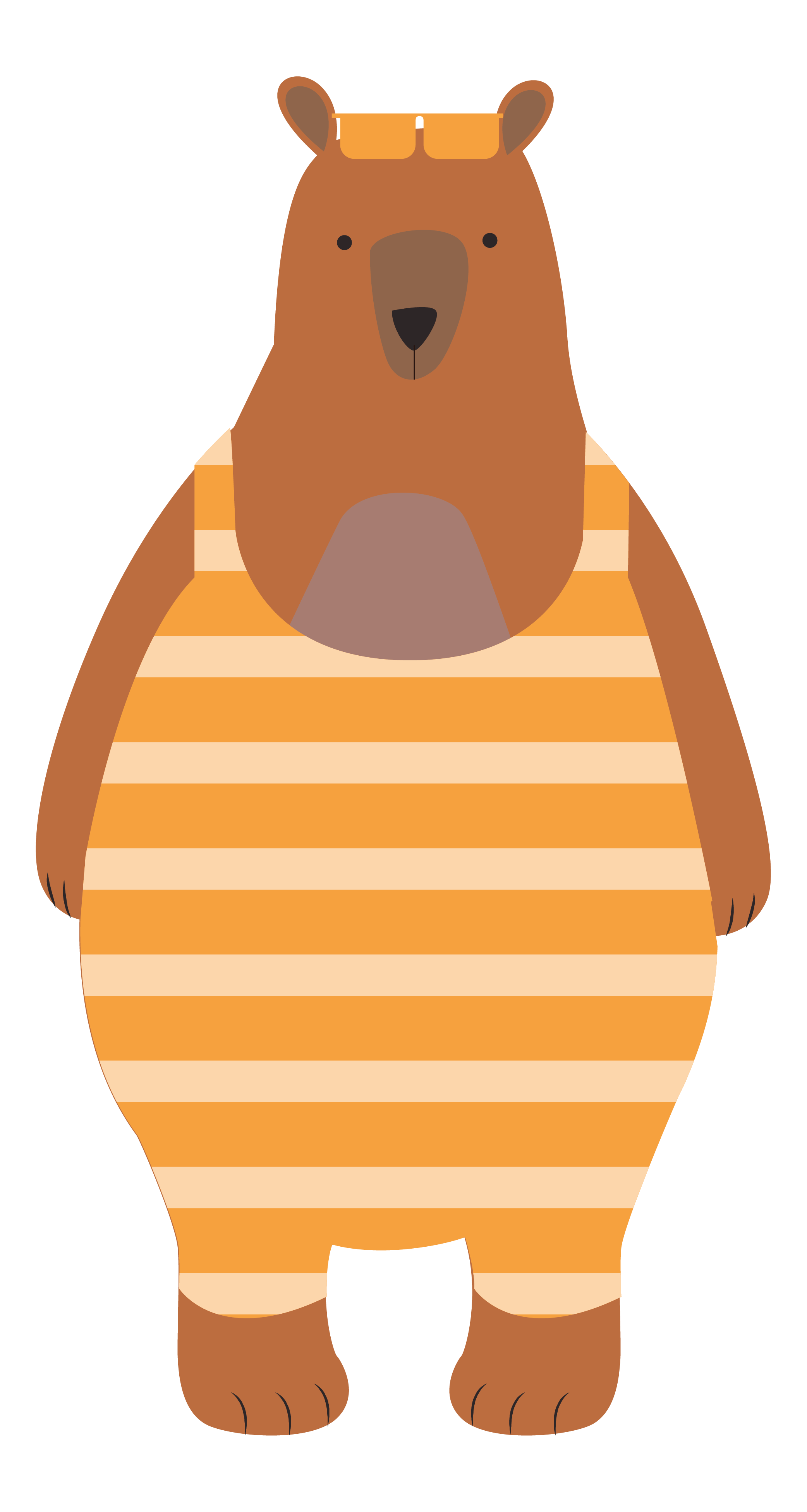 An illustrated bear standing up wearing a striped yellow swimsuit and sunglasses