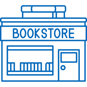 A blue graphic outline of a bookstore
