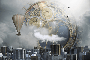 A digitally-altered fantasy image showing a grand, futuristic city with a flying airship overhead. A large brass steampunk clock floats in the clouds in the background.