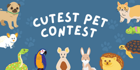 A blue graphic with illustrations of a variety of pets including a dog, cat, gerbil, snake, parrot, bunny, turtle and iguana. Text says "Cutest Pet Contest"