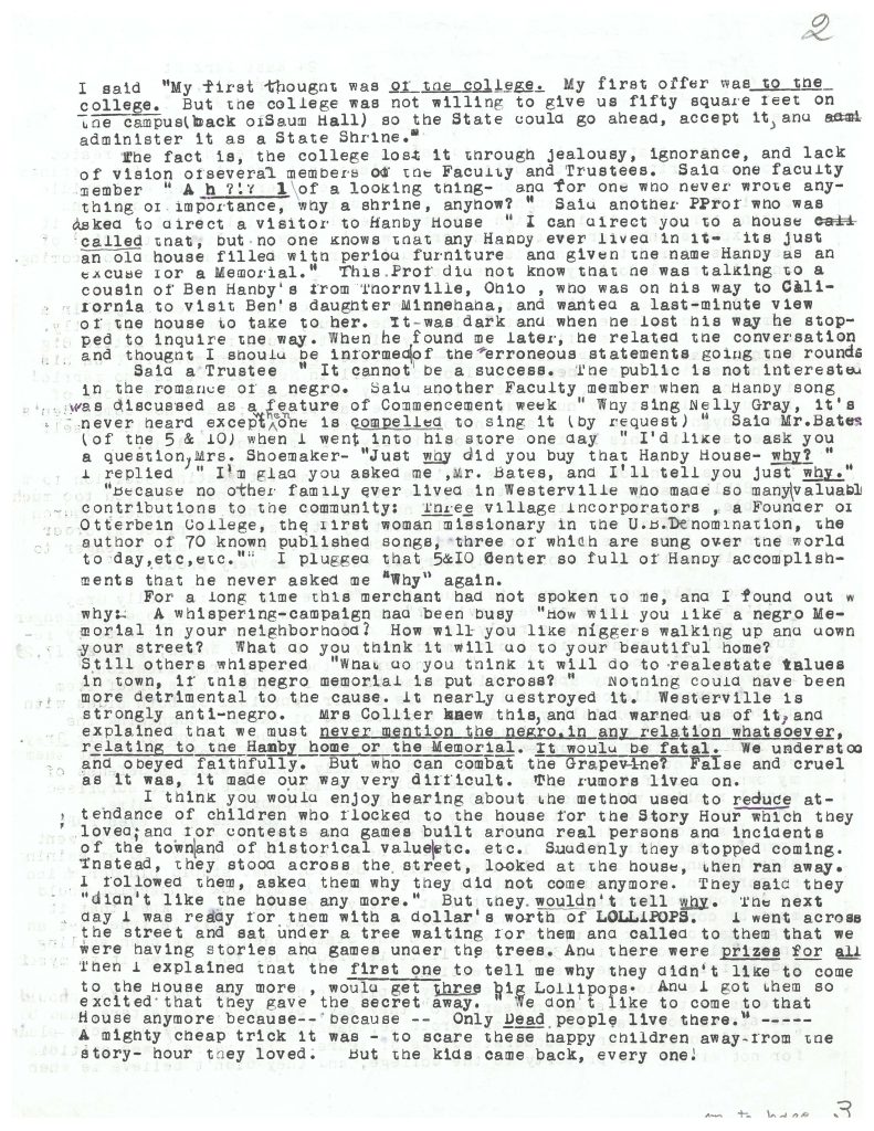 Excerpt from correspondence from Dacia Shoemaker to Earl Hoover describing racist opposition to the Hanby House, 1950s, H145689, Westerville History Museum.