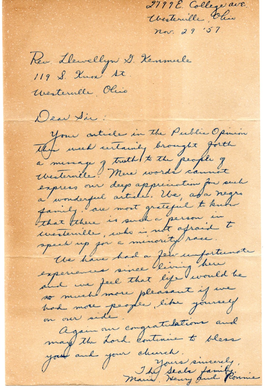 Letter from Maria, Henry, and Ronnie Seals to Llewellyn Kemmerle, 11/29/1957, Westerville History Museum. They mentioned that they “had a few unfortunate experiences since living here [in Westerville]” as a Black family and called Kemmerle’s article “a message of truth.” 