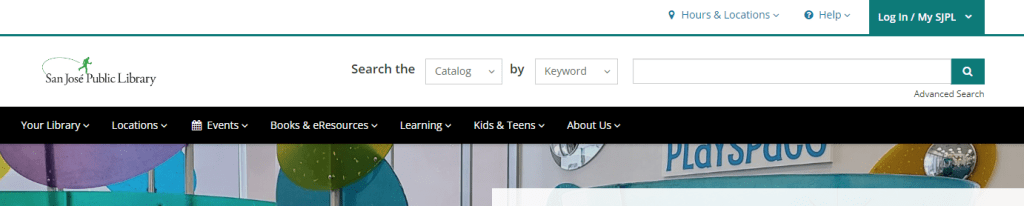 In the upper right of the header, the search bar and its options appear. The default is "Search the Catalog by Keyword". When users select the dropdowns, they can customize how they want to search.