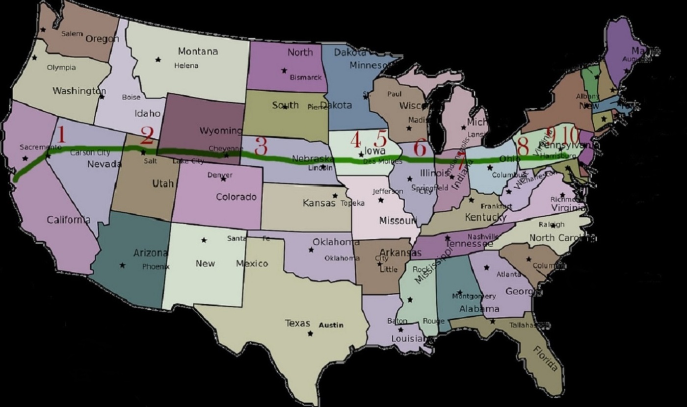 Hình ảnh: Bản đồ hiển thị lộ trình của Ralph từ San Jose đến Gettysburg đánh dấu điểm kết thúc cuộc hành trình mỗi ngày.