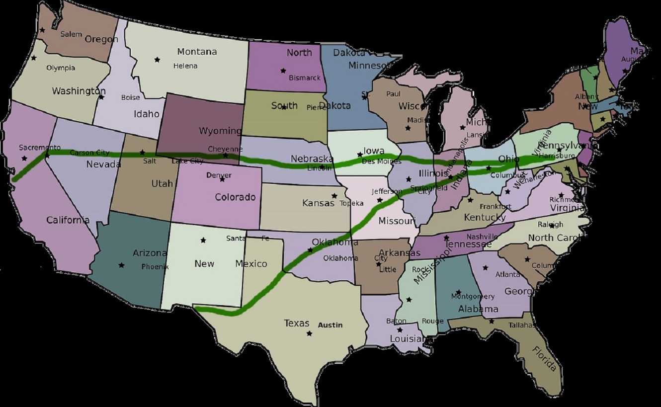Image: Map shows Ralph's progress from San Jose to Gettysburg, and then down to El Paso.