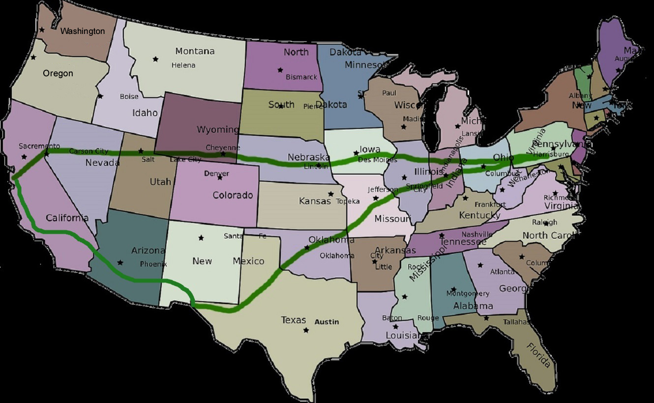 Map showing Ralph's route from San Jose to Gettysburg, then down to El Paso, and then back up to San Jose.