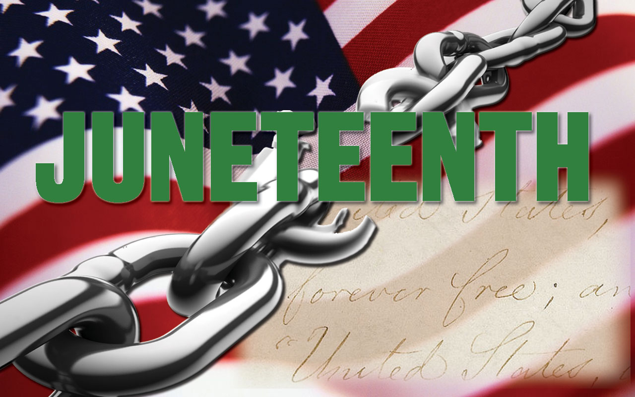 Image of the word Juneteenth over a chain across the USA flag and the words on parchment forever free.