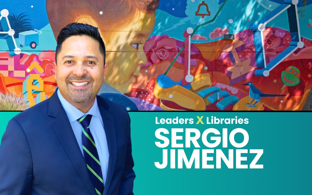 Image composite of Councilmember Sergio Jimenez in a blue suit in front of a colorful mural depicting a child and basic shapes and letters