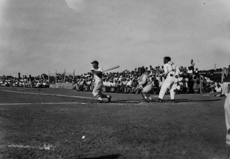 Image: A 1944 all-star baseball game at Heart Mountain Relocation Center.