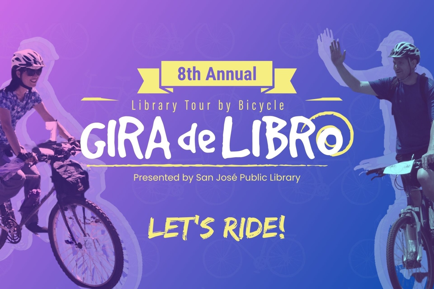 Two bicyclists surround the Gira de Libro logo with the including tagline, "Let's Ride."