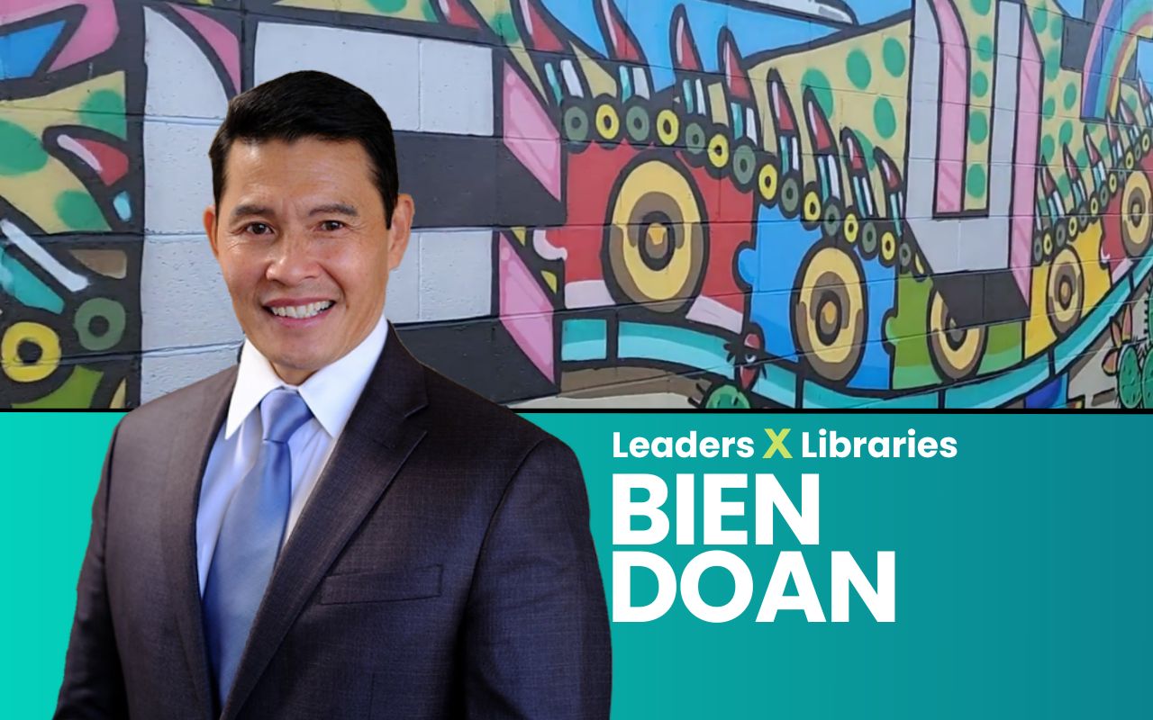 A composite of a cutout councilmember Bien Doan in front of a colorful mural.