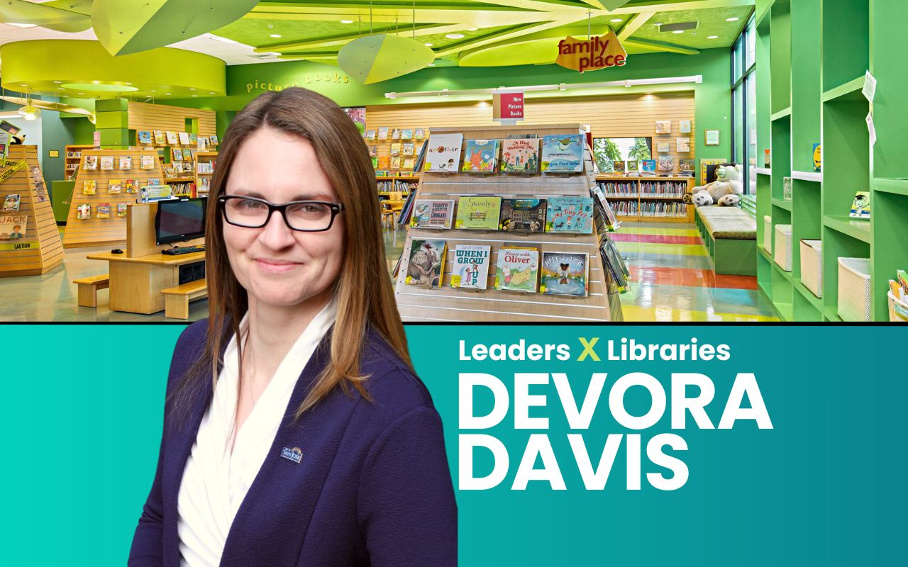 A composite of a cutout councilmember Devora Davis with the Willow Glen library branch behind her.