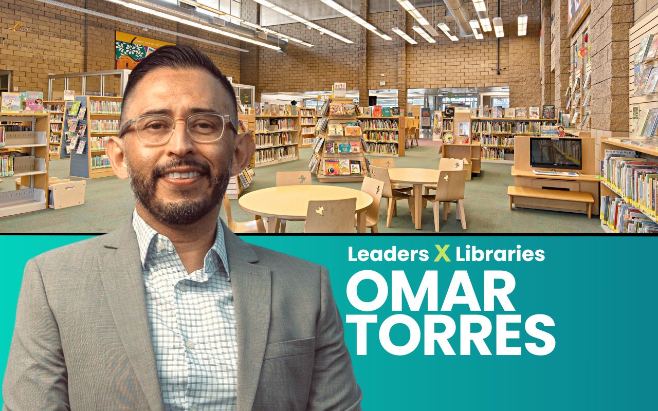 A composite of a cutout councilmember Torres inside Biblioteca Latinoamericana Branch.