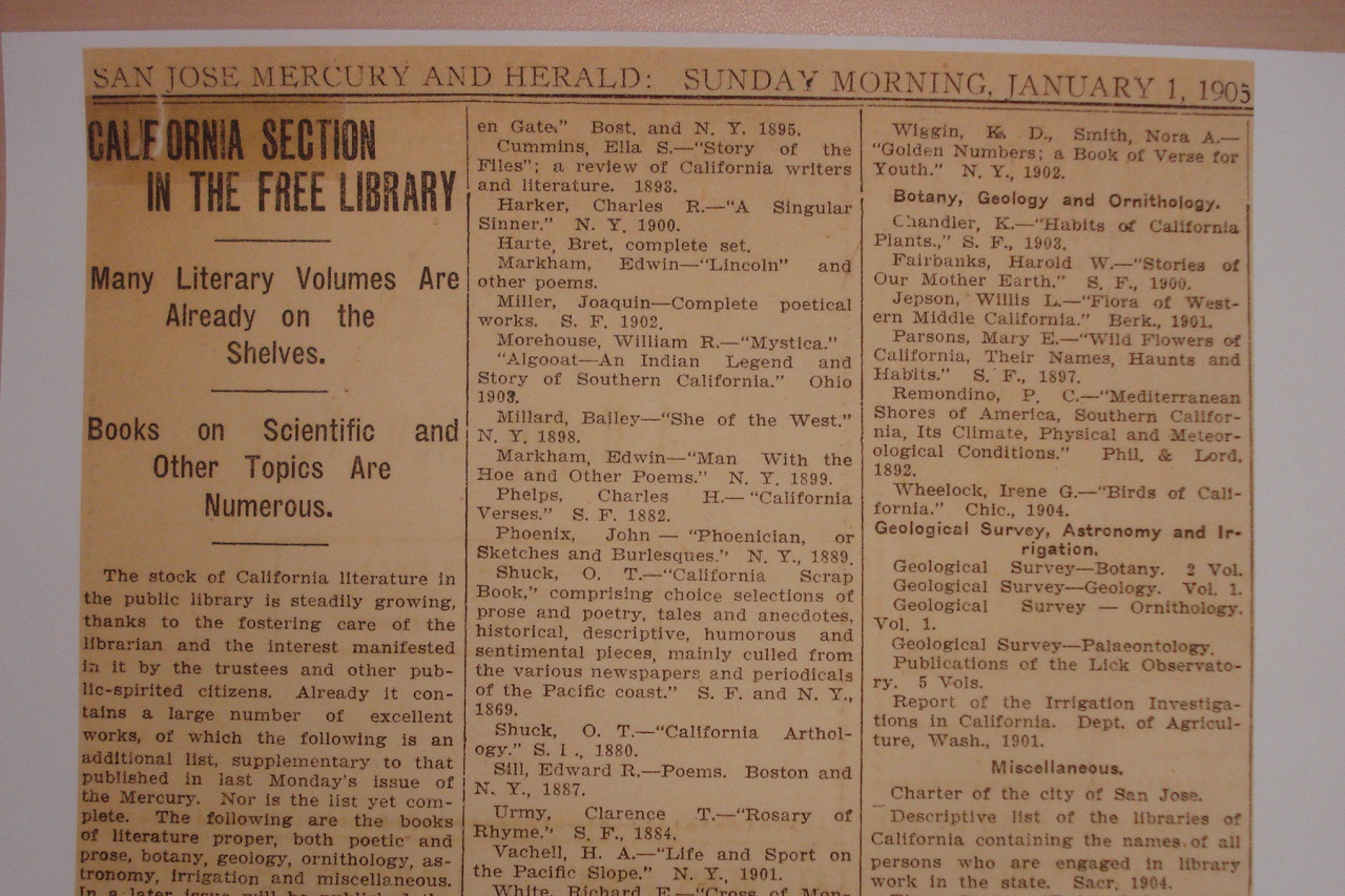 Image: An early newspaper article on the public library's California Section. Source: San Jose Mercury and Herald Jan. 1, 1905