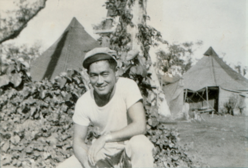 Image: Sgt. Moffet Ishikawa at his camp site in the South Pacific during WWII.