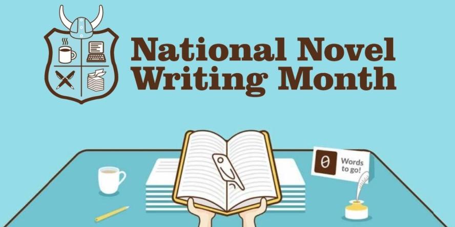 National Novel Writing Month. Person at a desk with coffee, preparing to write.
