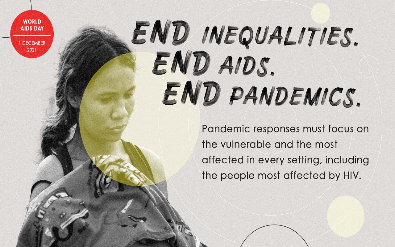Graphic depicting a young woman looking downwards, a red circle in the top left corner says World AIDS Day December 1. The slogan End Inequalities, End AIDS, End Pandemics is scrawled in a script style font in black letters.