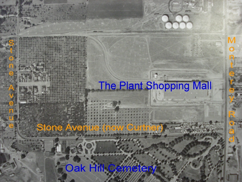 Interestingly, before Curtner Avenue came through from Willow Glen (and continued east as Tully Road), Stone Avenue curved, and then continued on as far as Monterey Road. Also visible on this 1948 USGS aerial photo is Oak Hill Memorial Park to the south, and what would become The Plant Shopping Mall to the north.