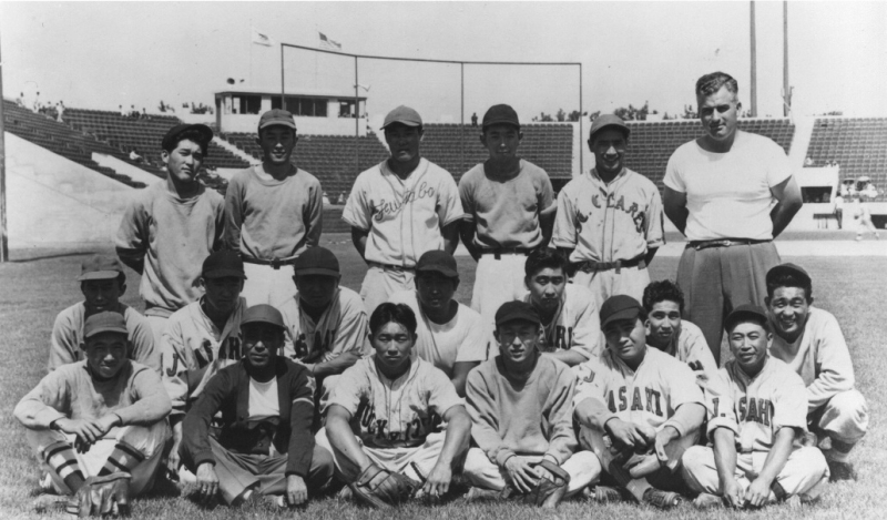 Image: Fuzzy Shimada stands next to coach Sam Della Maggiore at the San Jose Municipal Stadium in 1946 (top row, fifth from left). Fuzzy's brother Frank is middle row, third from left, and his brother Mori is front row fifth from left. Photo courtesy of the Honda family.