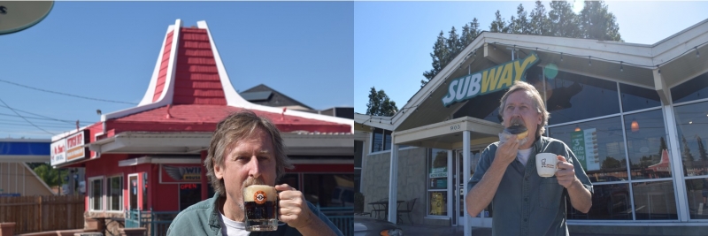 A la izquierda, estoy disfrutando de una taza de cerveza de raíz A&W frente al antiguo edificio de A&W que ahora alberga al Sr. Chau. A la derecha, estoy disfrutando de un café y un donut frente al antiguo edificio de Mister Donut. Anteriormente un H.Salt Esq. Franquicia Fish & Chips, ahora es un Subway.