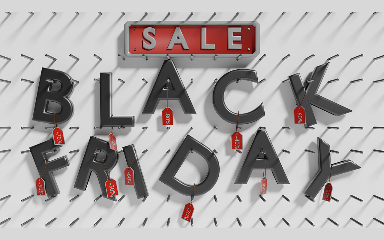 Text: Sale, Black Friday; Image: sale tags hanging from empty pegs