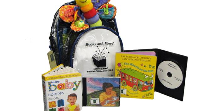 Books and More backpack featuring several hard page books, music CDs, and a DVD