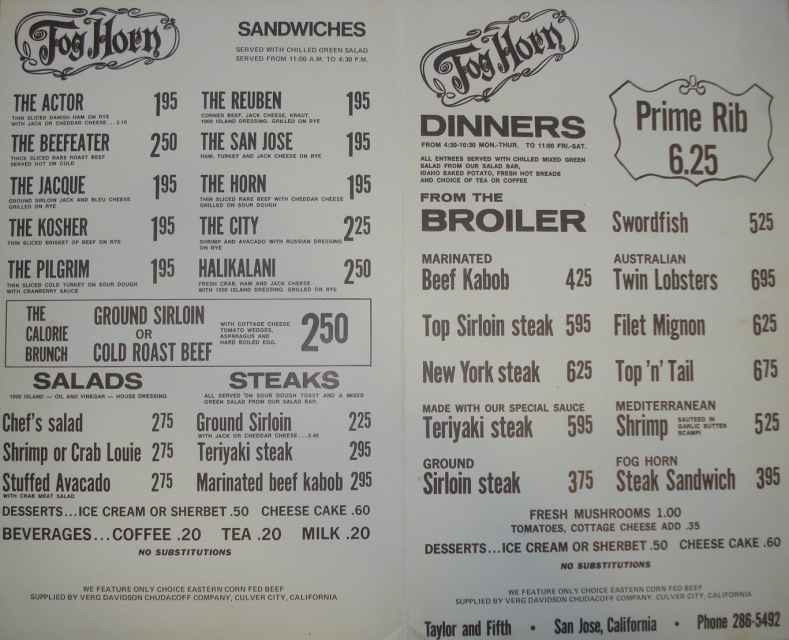 人気レストラン「フォグホーン」の 1970 年代のメニュー