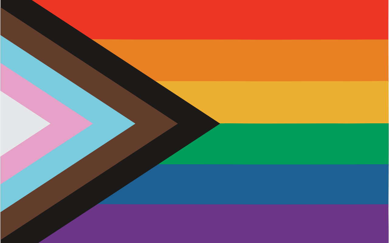 Progress Pride flag: white, pink, brown, black graduating triangle to the left; straight stripes from top to down, red, orange, yellow, green, blue, indigo.