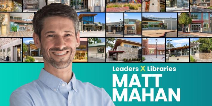 A composite of Mayor Matt Mahan with a collage of 25 San Jose branch libraries behind him.