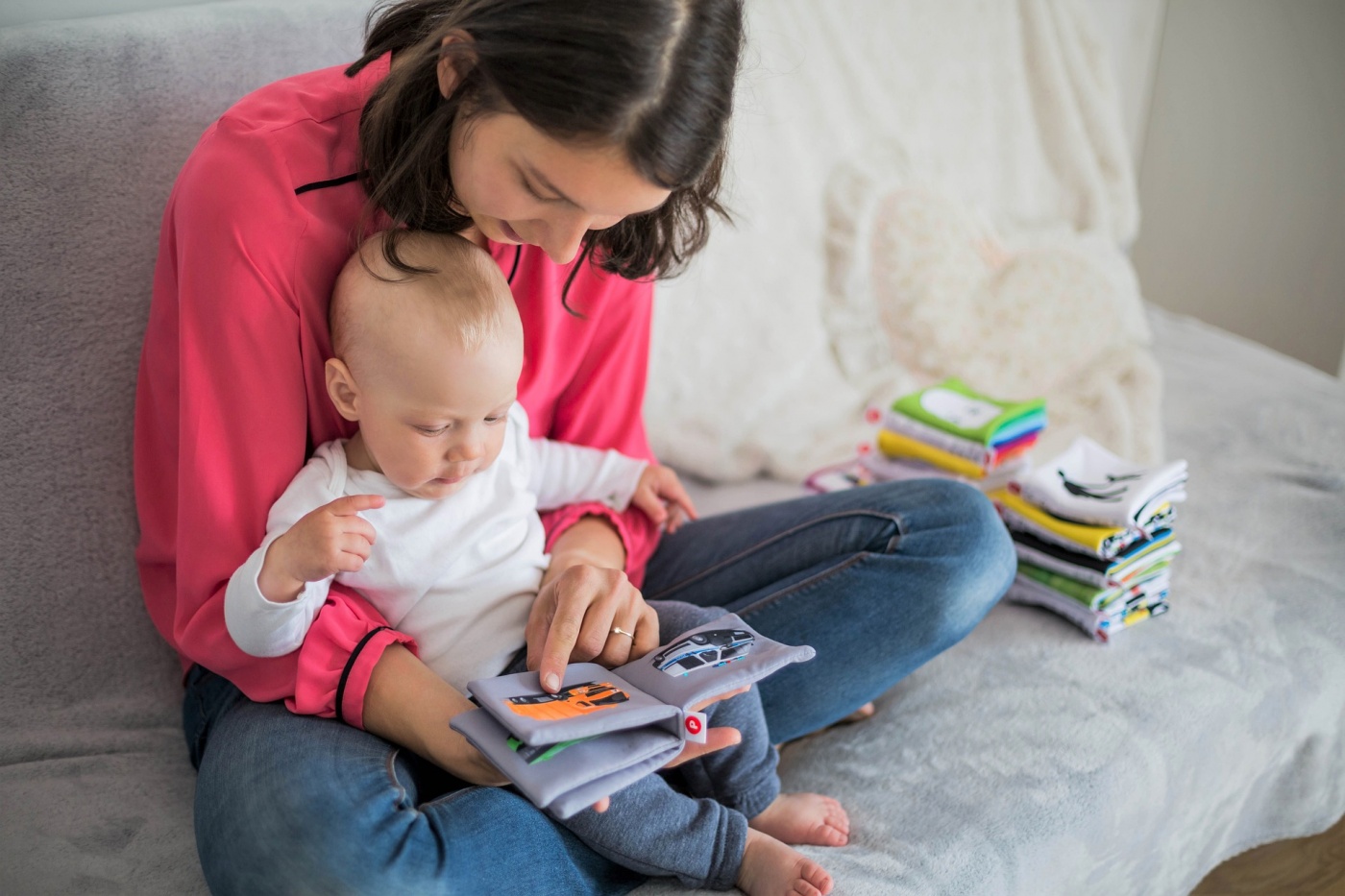 adult, infant, books, reading