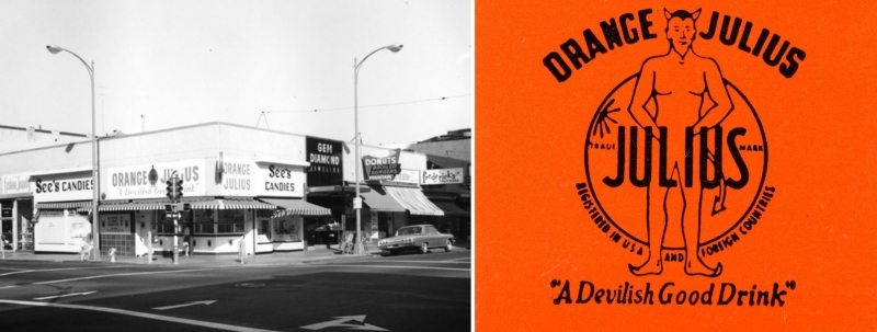 Left: the Orange Julius stand on First and San Fernando Streets in the 1970sRight: Image from a matchbook cover.