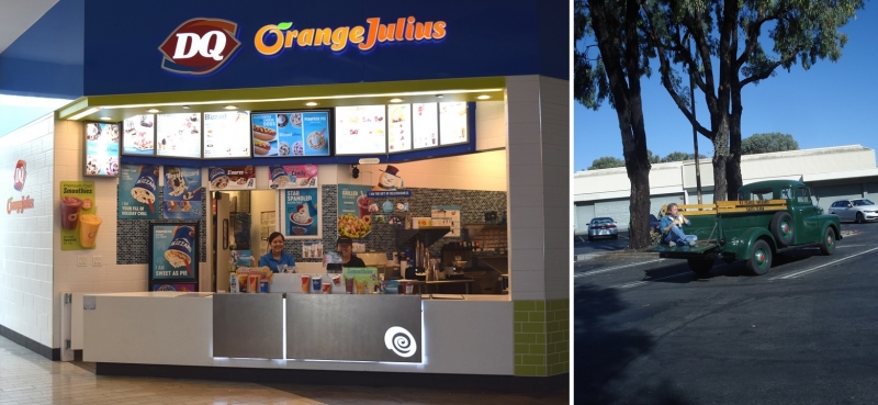 Left: A recent shot of the Dairy Queen / Orange Julius at Westfield Oakridge (formerly Oakridge) Shopping Mall. Right: Here I am enjoying an Orange Julius under the shade of a Eucalyptus tree out at the Westfield Oakridge Mall.