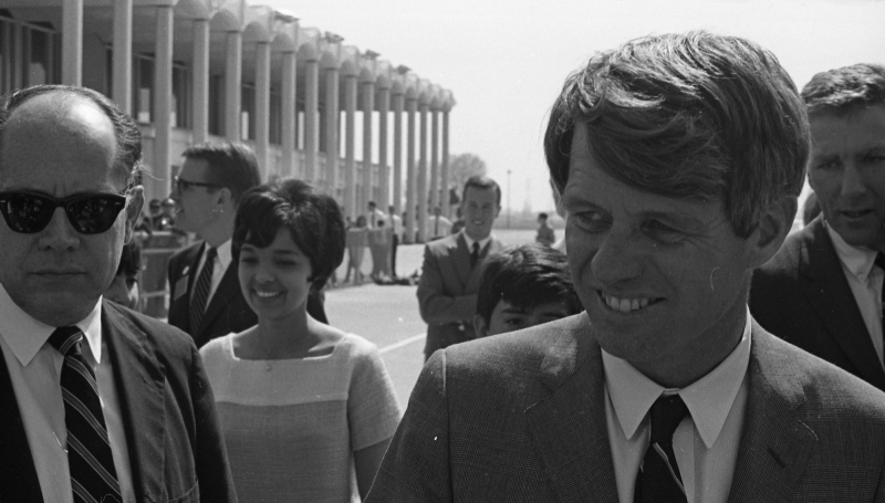 Senator Kennedy's arrival at the San Jose Municipal Airport on March 23, 1968. Courtesy of San Jose State University, Special Collections Archives. Spartan Daily Negatives Collection, 2012, Archival Finding Aids. 