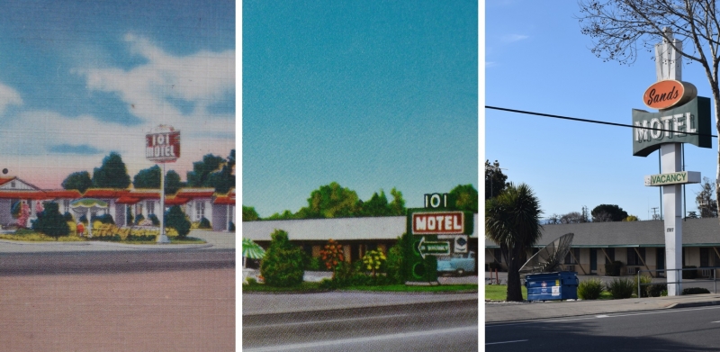 Old postcards show the 101 Motel as separate cottages, then later as joined cottages, and then finally the joined cottages as they appear today under the name Sands Motel at 1787 Monterey Road.