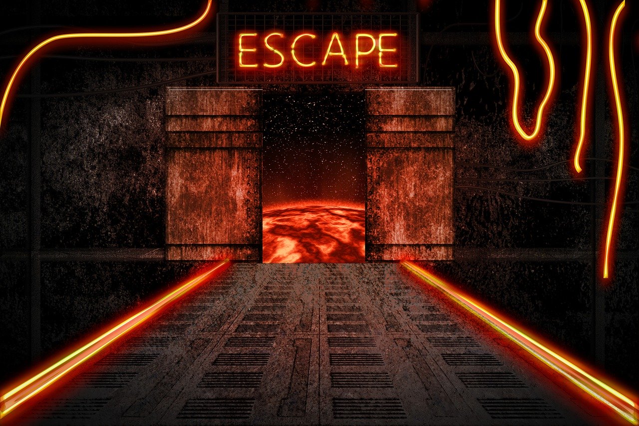bright orange letters spell the word escape that sit on top of an open door. Beyond the door is the image of a fire planet