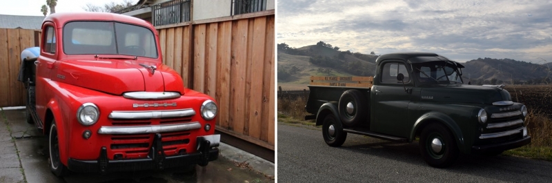 Image on Left: Here's my current truck, a 1948 Dodge which I purchase in July of 2013 for $1800.  That's a pretty good price these days, though the Dodges don't seem to command the same prices as the more popular Chevys and Fords.  The flathead 6 had been rebuilt, but I needed to replace the tires, brake system, clutch, bed wood, and a variety of miscellaneous items. Most of the work was done with the help of my dad, who came over for a few hours every week for about a year.  Image on Right:  Here's the fin