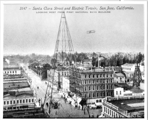 bưu thiếp đen trắng của trung tâm thành phố San Jose với Tháp Ánh sáng ở nền