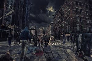 Apocolyptic city street with zombies roaming