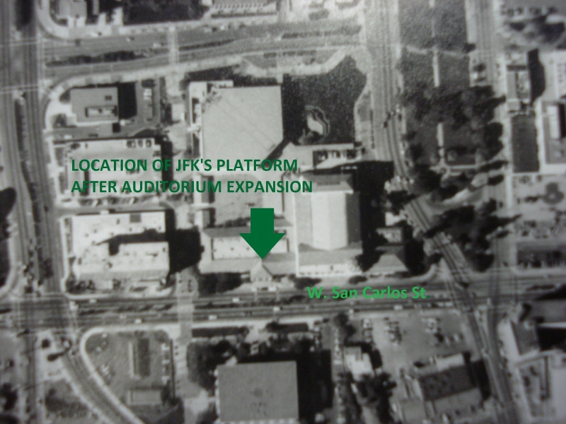 This aerial view from 1981 shows us that Kennedy's platform location is now a covered entry way into the Civic Auditorium (formerly the entrance to the Tech Museum).