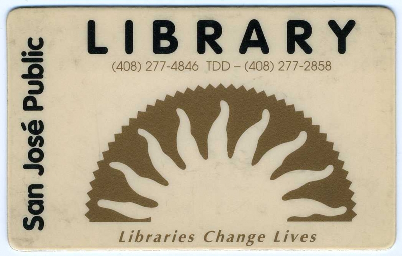 This mid-1990s library card was the first of San Jose's cards to embed the barcode into the card (on reverse).