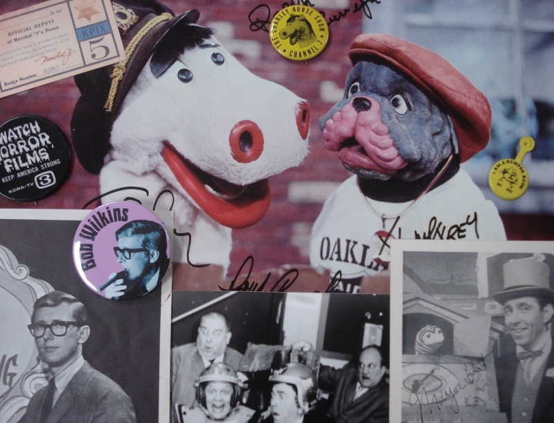Clockwise from bottom left: Photo and two pinbacks of Bob Wilkins and Creature Features, Marshal J deputy card, Charley and Humphrey photo and pinback, Romper Room badge, Mayor Art photo, and finally a photo of Captain Satellite with the Three Stooges.