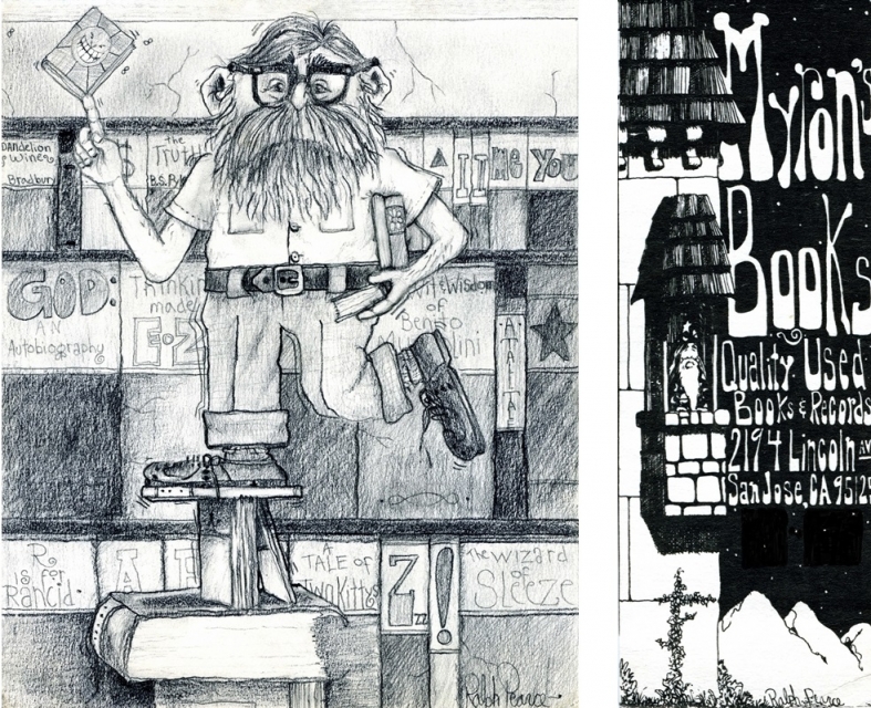 Một bức tranh biếm họa và một tấm thẻ đánh dấu trang/danh thiếp mà tôi đã làm trong những năm làm việc tại Myron's.
