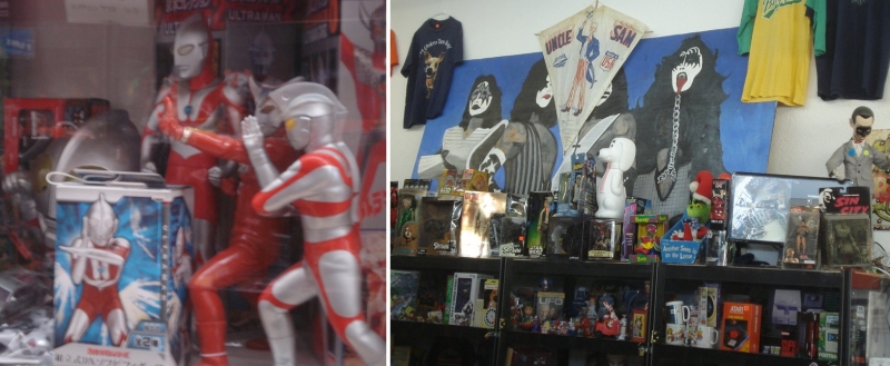 Left: Ultraman toys from the popular Japanese tv show of the 1960s. Right: A painting of Kiss shares space with the Grinch and Pee Wee Herman.