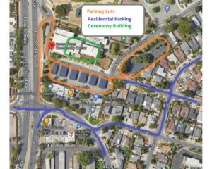 Map of parking options at Seven Trees Community Center