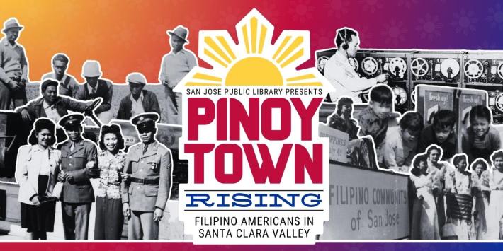 Pinoytown Rising logo with a collage of black and white photos